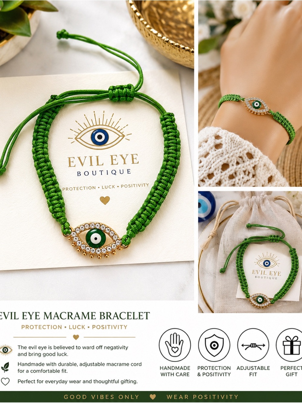 Evil Eye Macrame Bracelet in Bright Green